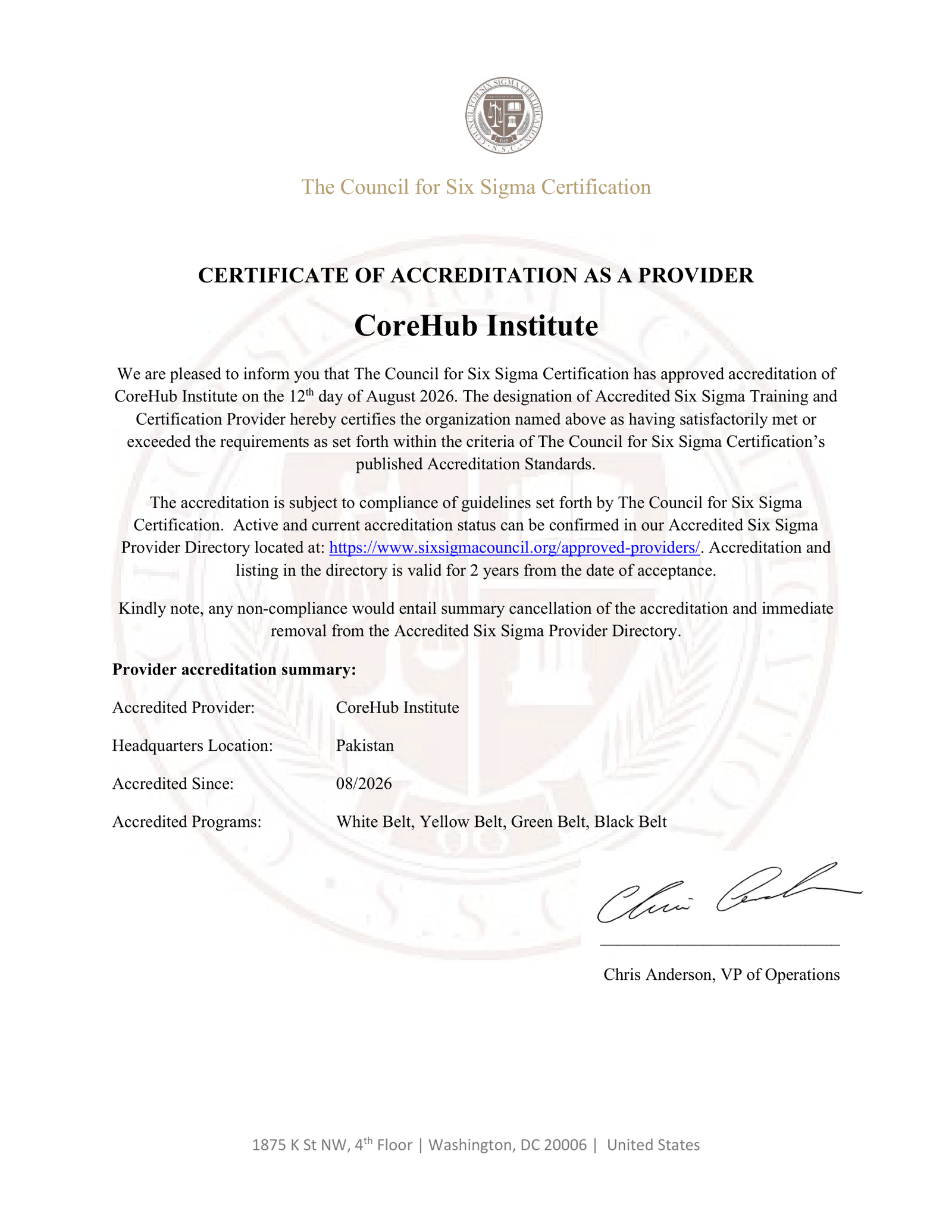 CoreHub Institute CSSC Certificate of Accreditation as a Provider